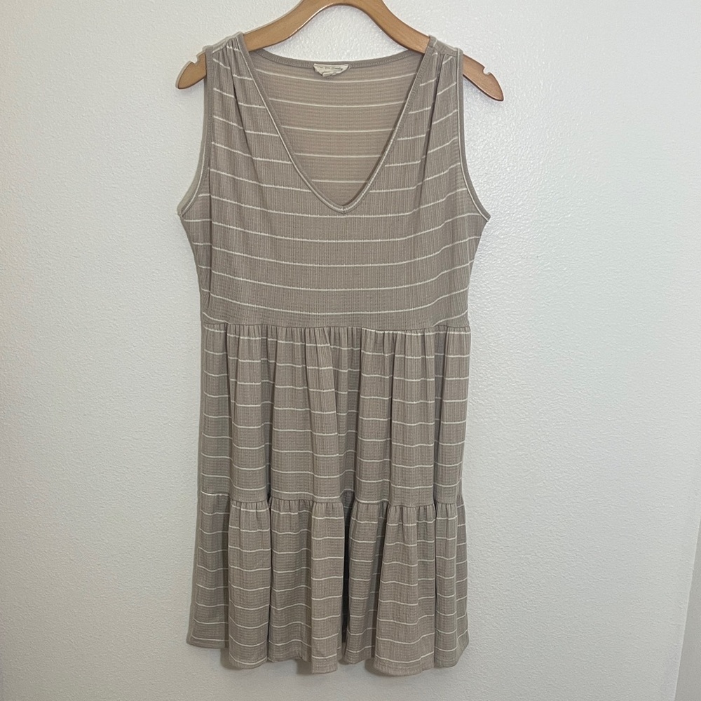 See You Monday Tan Striped Sleeveless V-Neck Dress